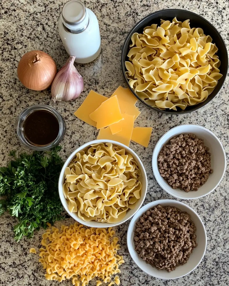 Ingredients for The Ultimate Comfort Meal Ground Beef and Noodles Made Easy