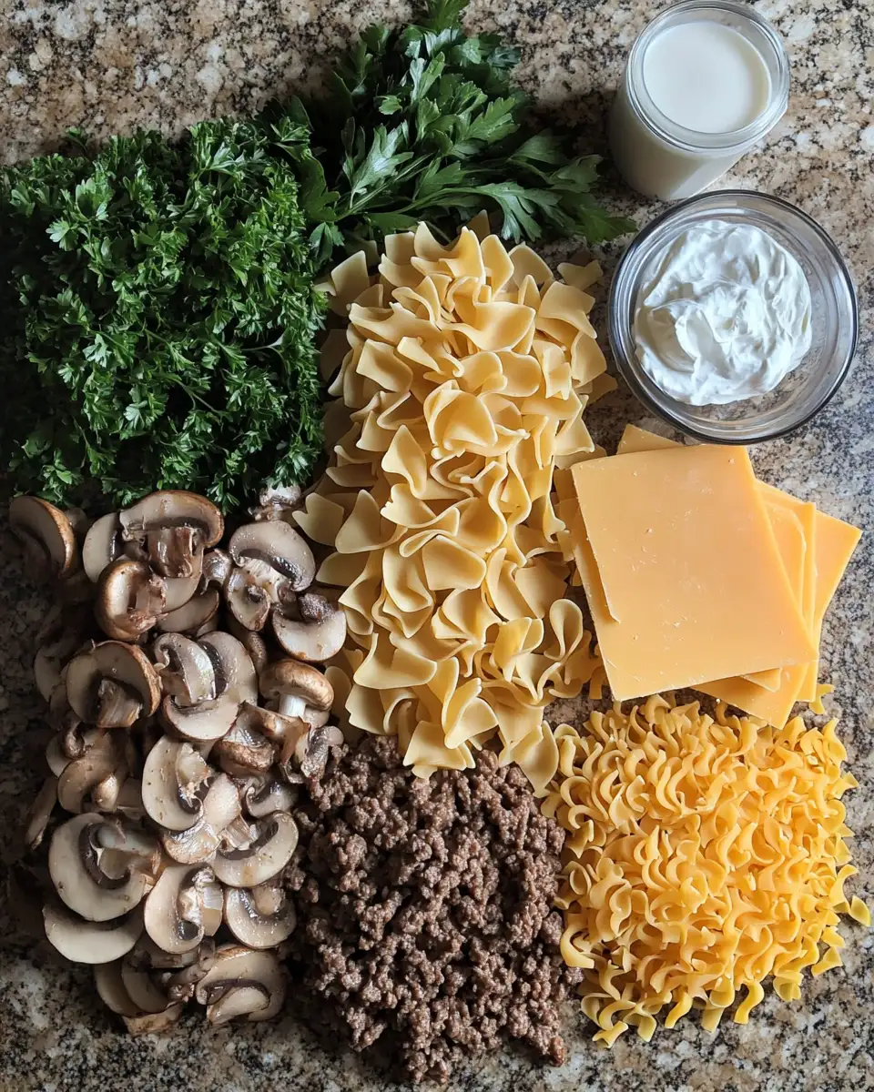Ingredients for Hearty Ground Beef Casserole Recipes with Noodles for Cozy Comfort Meals