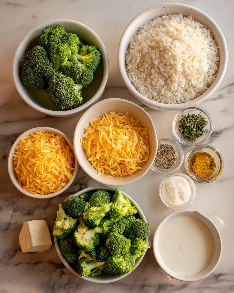 Ingredients for Ultimate Cheesy Broccoli Rice Bake Recipe for Comfort Food Lovers