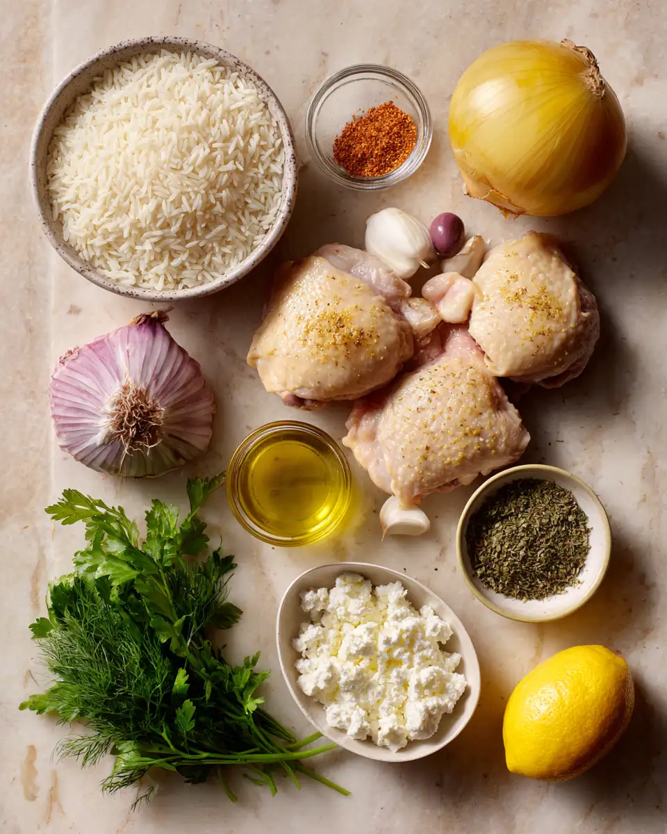 Ingredients for Greek Chicken and Lemon Rice One Pot Recipe for Effortless Flavorful Meals