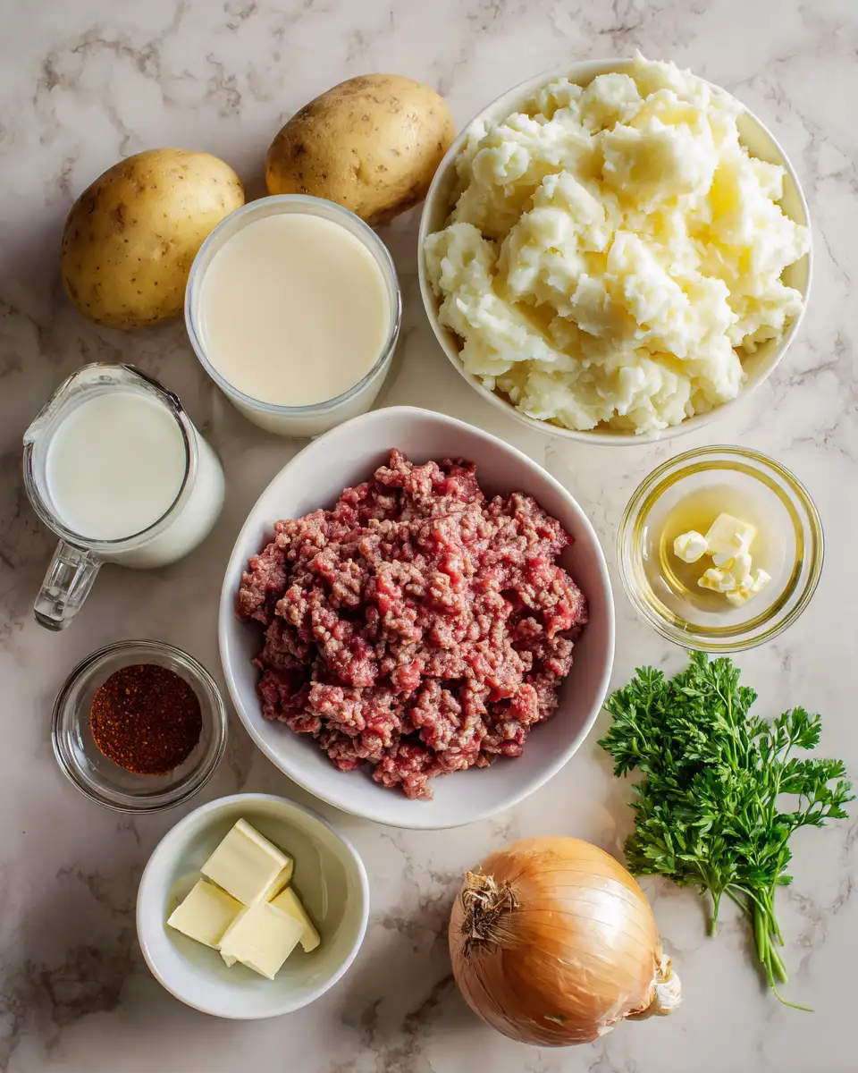 Ingredients for The Ultimate Comfort Food Ground Beef Gravy Mashed Potato Recipe