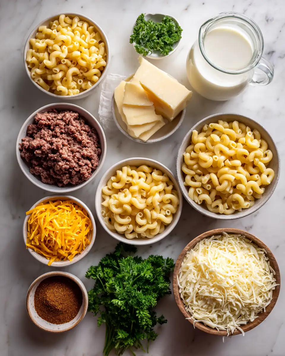 Ingredients for Ultimate Comfort Food Ground Beef Mac N Cheese Recipe