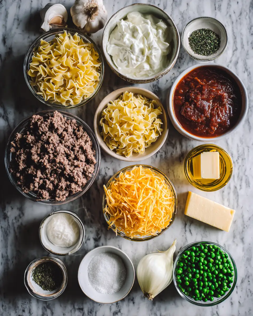 Ingredients for Hearty Ground Beef Noodle Casserole Recipe for Comfort Food Lovers