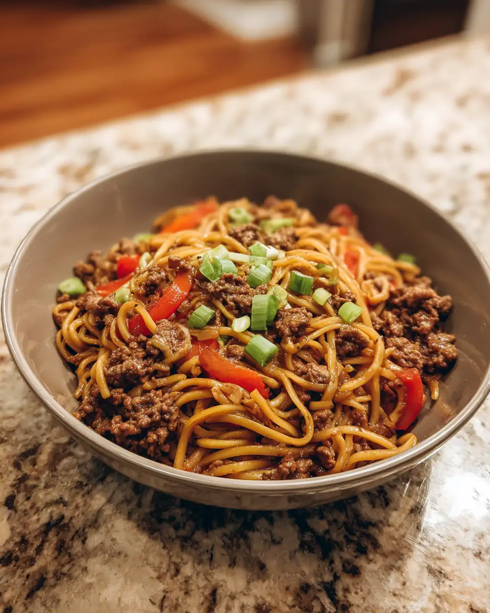 Final dish - Savory Ground Beef Noodle Stir Fry Recipe for Quick Delicious Meals