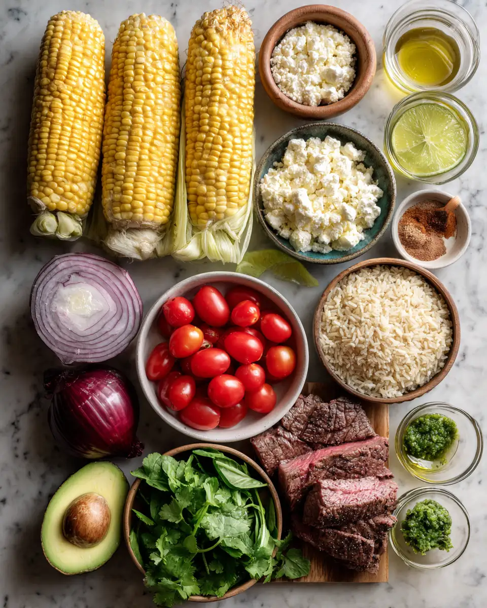 Ingredients for Savor the Flavor with a Steak Avocado and Roasted Corn Bowl