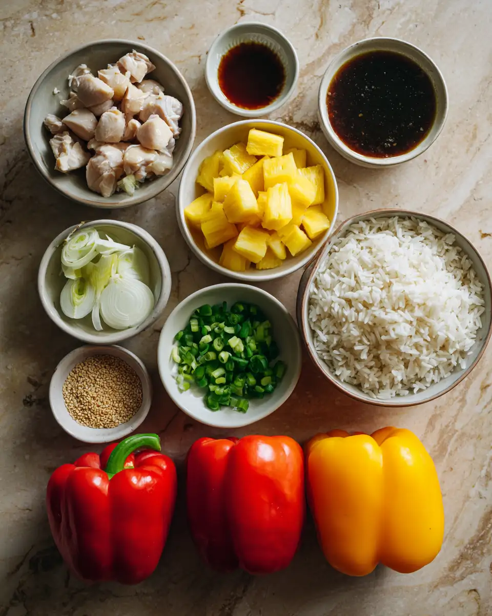 Ingredients for Sweet and Savory Teriyaki Pineapple Chicken and Rice Stuffed Peppers Recipe