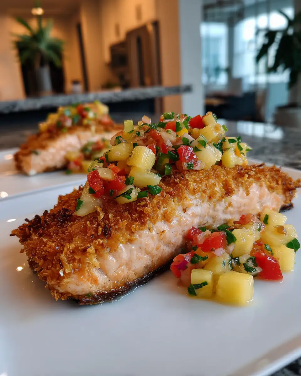 Tropical Coconut Crusted Salmon with Pineapple Salsa Recipe That Will Transport Your Taste Buds - Featured Image