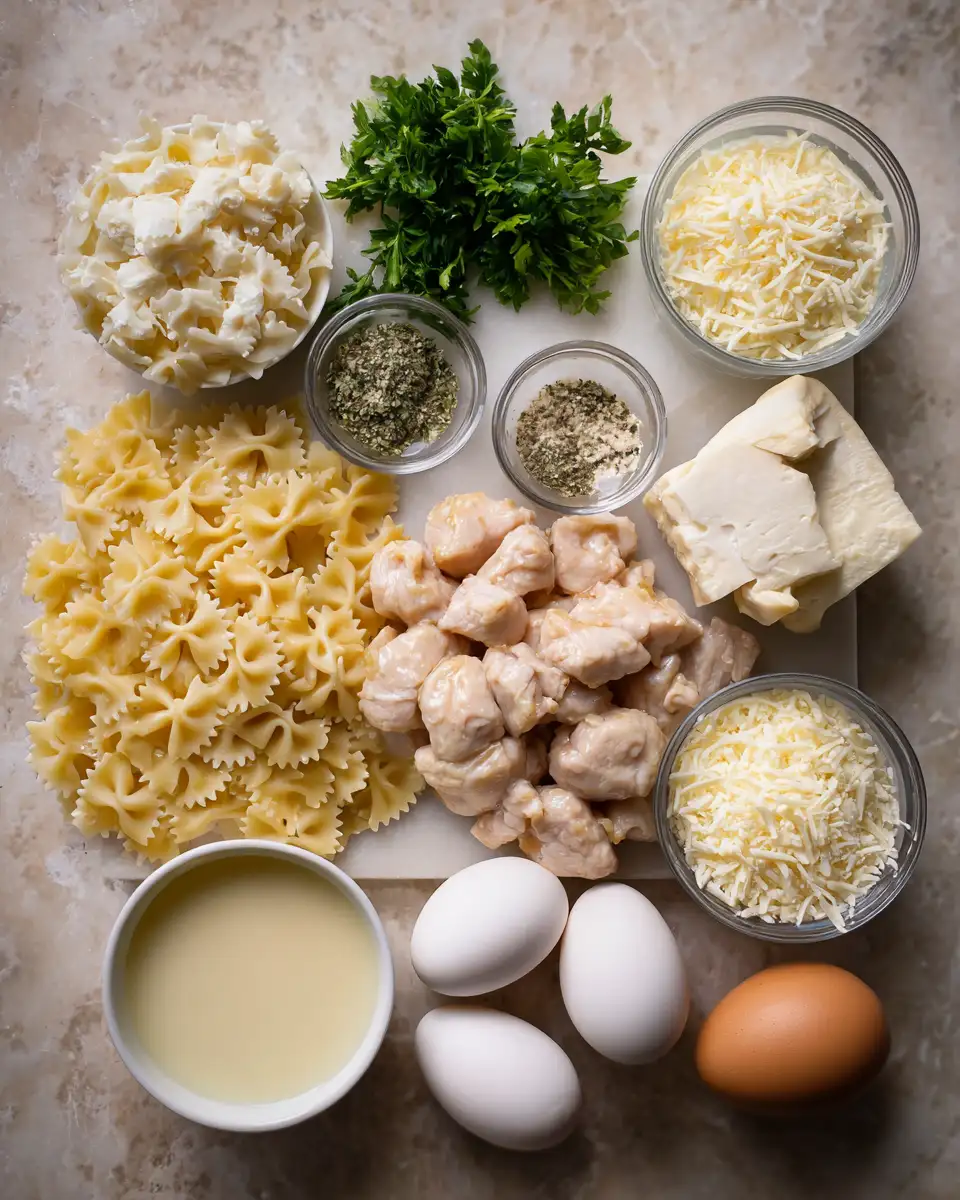 Ingredients for Cheesy Garlic Butter Chicken Bowties with Mozzarella Cream Sauce Recipe