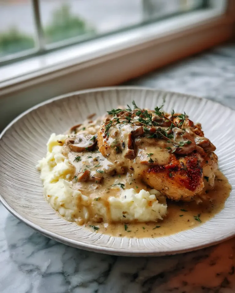 Irresistible Chicken and Garlic Gravy Served Over Cheesy Mashed Potatoes - Featured Image