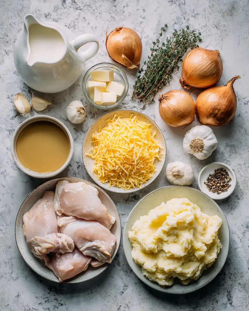 Ingredients for Irresistible Chicken and Garlic Gravy Served Over Cheesy Mashed Potatoes