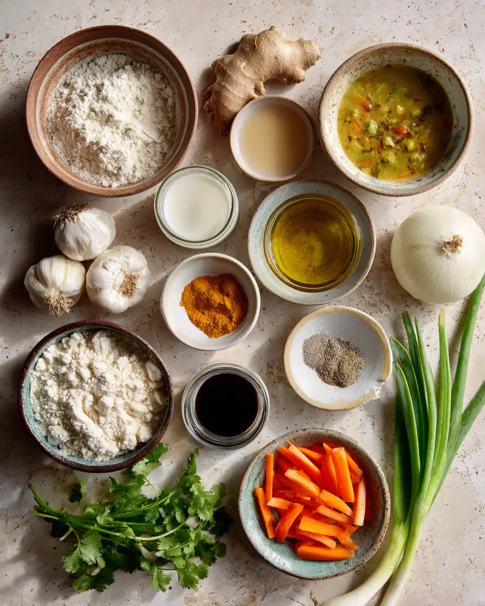 Ingredients for Creamy Coconut Curry Soup with Irresistible Dumplings Delight