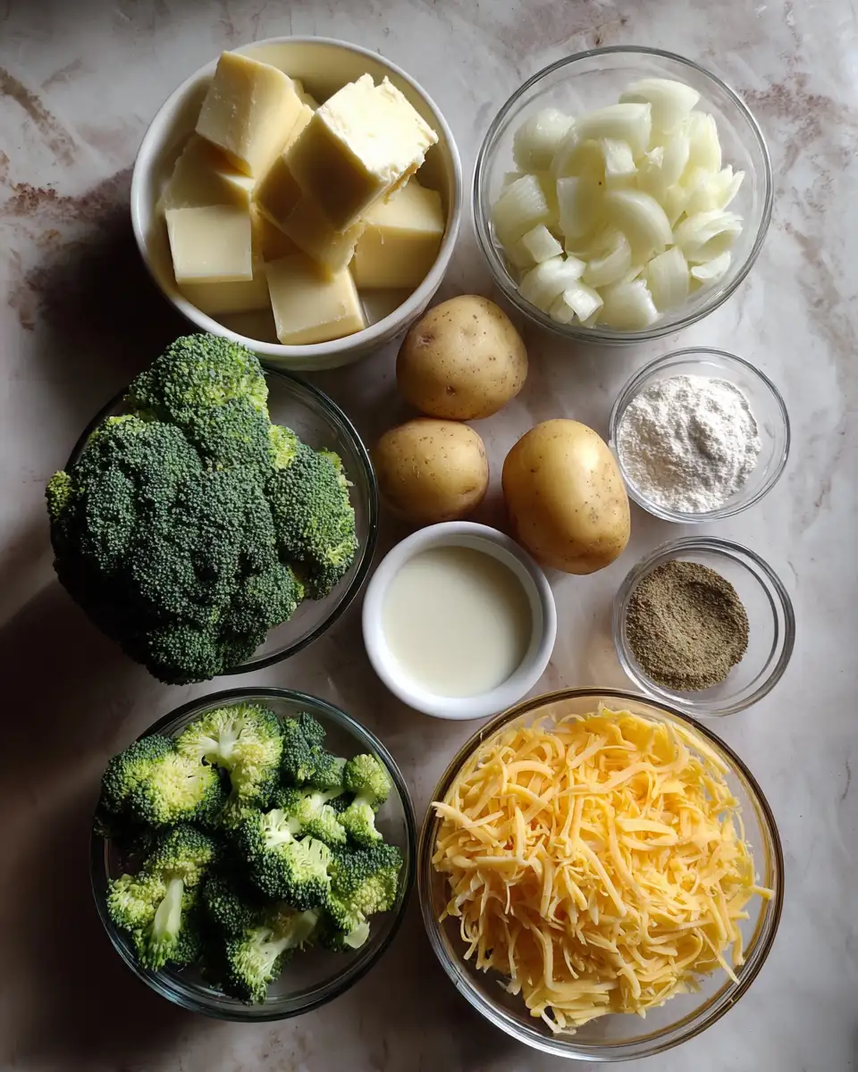 Ingredients for Creamy Broccoli and Cheesy Potato Soup Delight That Warms Your Soul