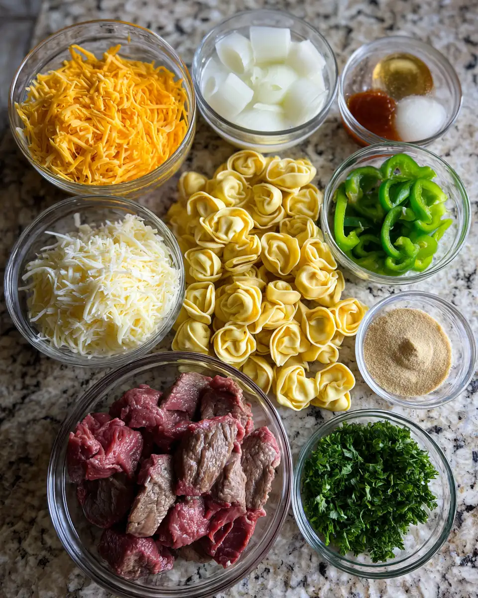 Ingredients for Golden Cheese Steak Tortellini Casserole The Ultimate Comfort Food Mashup