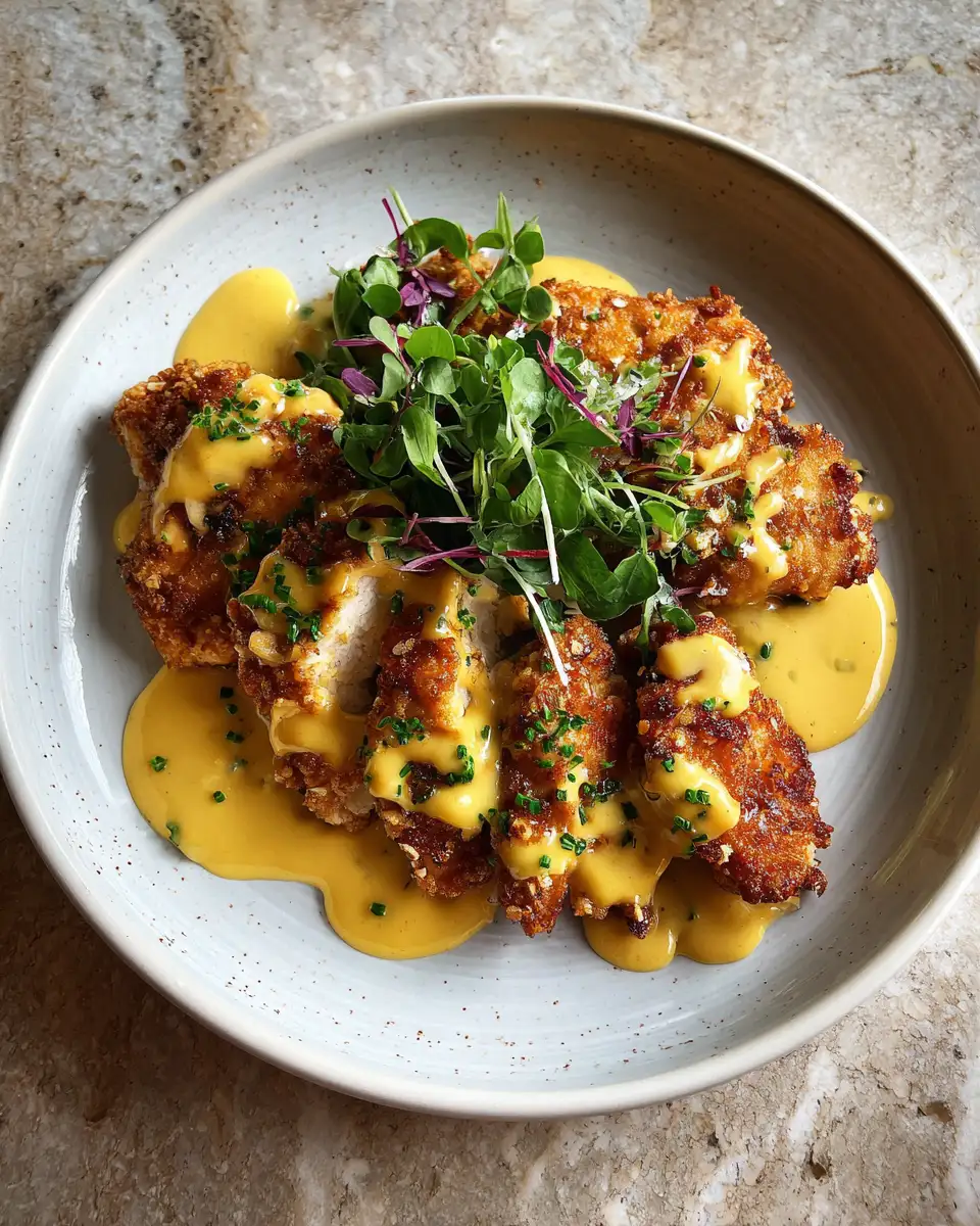 Final dish - Crunchy Pretzel Chicken with Irresistible Mustard-Cheddar Sauce