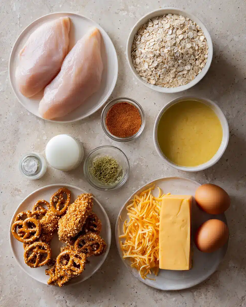Ingredients for Crunchy Pretzel Chicken with Irresistible Mustard-Cheddar Sauce