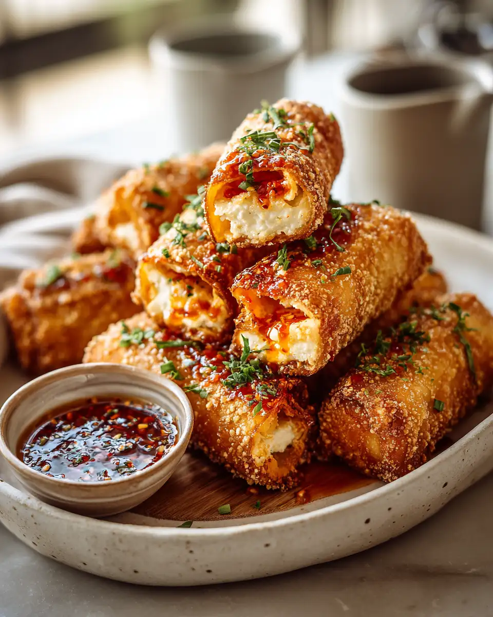 Crispy Oven Fried Feta Rolls Drizzled with Sweet Chili Honey - Featured Image
