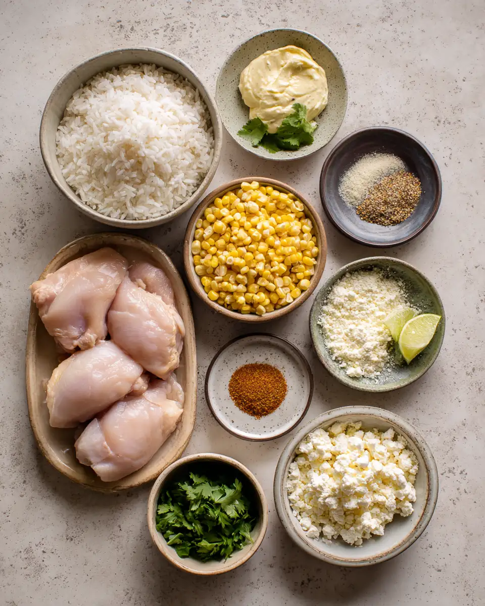 Ingredients for Savory Chicken Rice Bowl with a Flavorful Street Corn Twist
