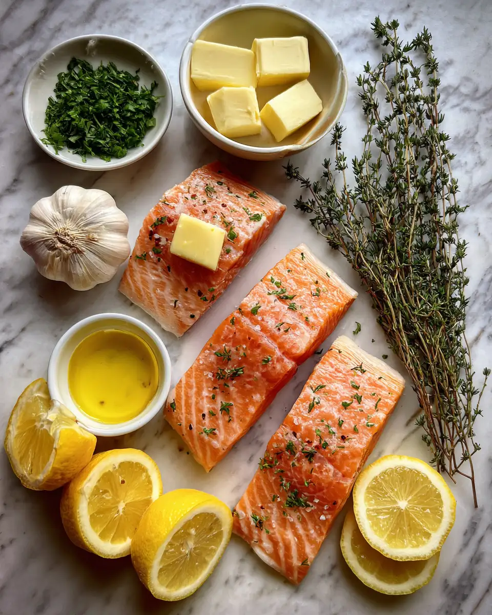 Ingredients for Sheet Pan Lemon Garlic Butter Salmon Recipe for Effortless Dinner Delight