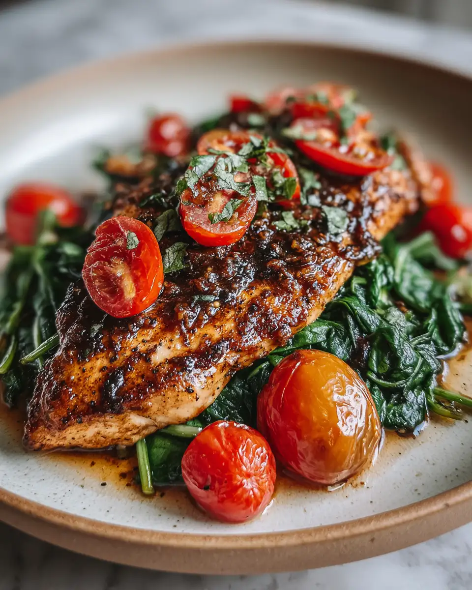 Final dish - Tangy Balsamic Chicken Breast with Fresh Spinach and Juicy Tomatoes