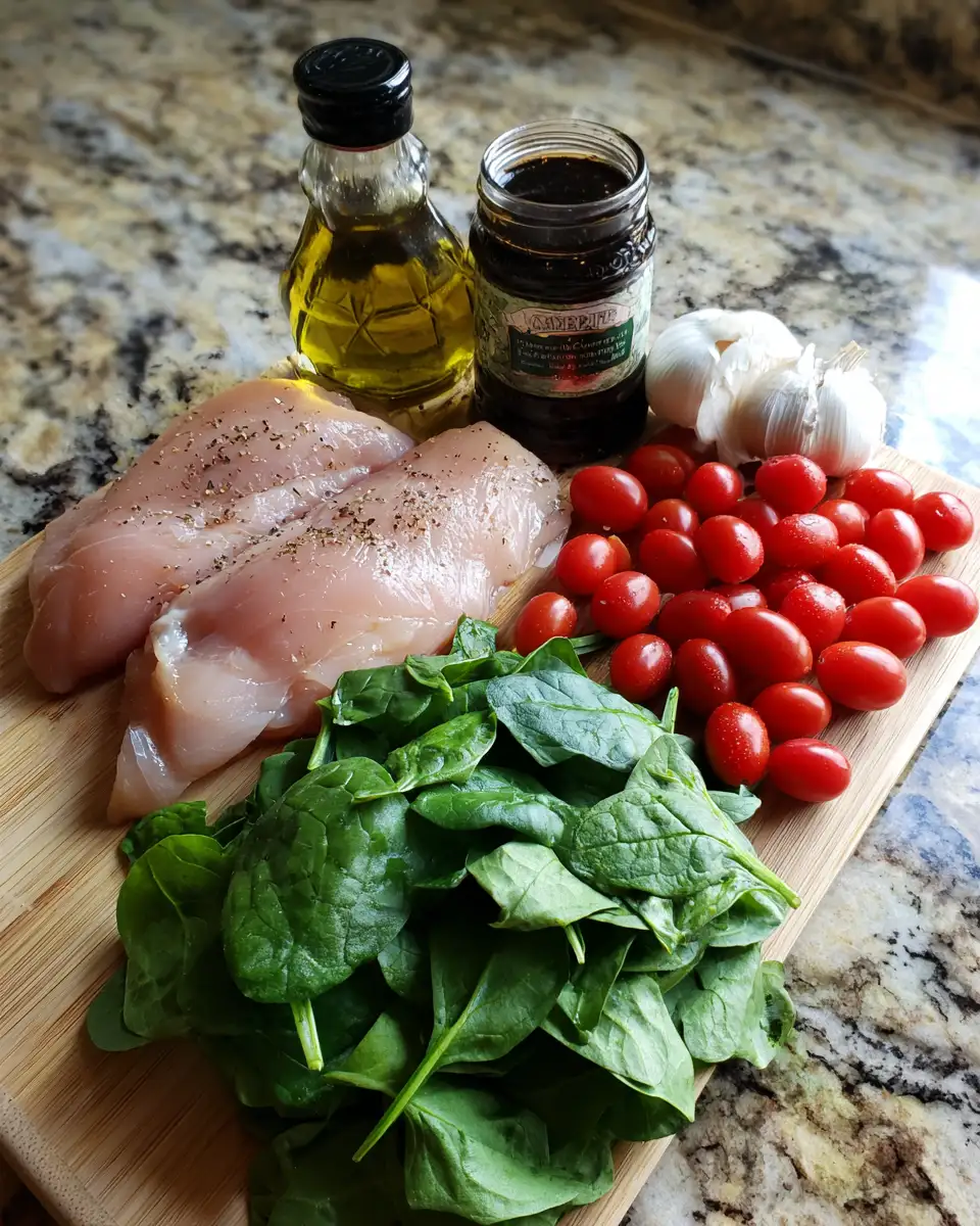 Ingredients for Tangy Balsamic Chicken Breast with Fresh Spinach and Juicy Tomatoes