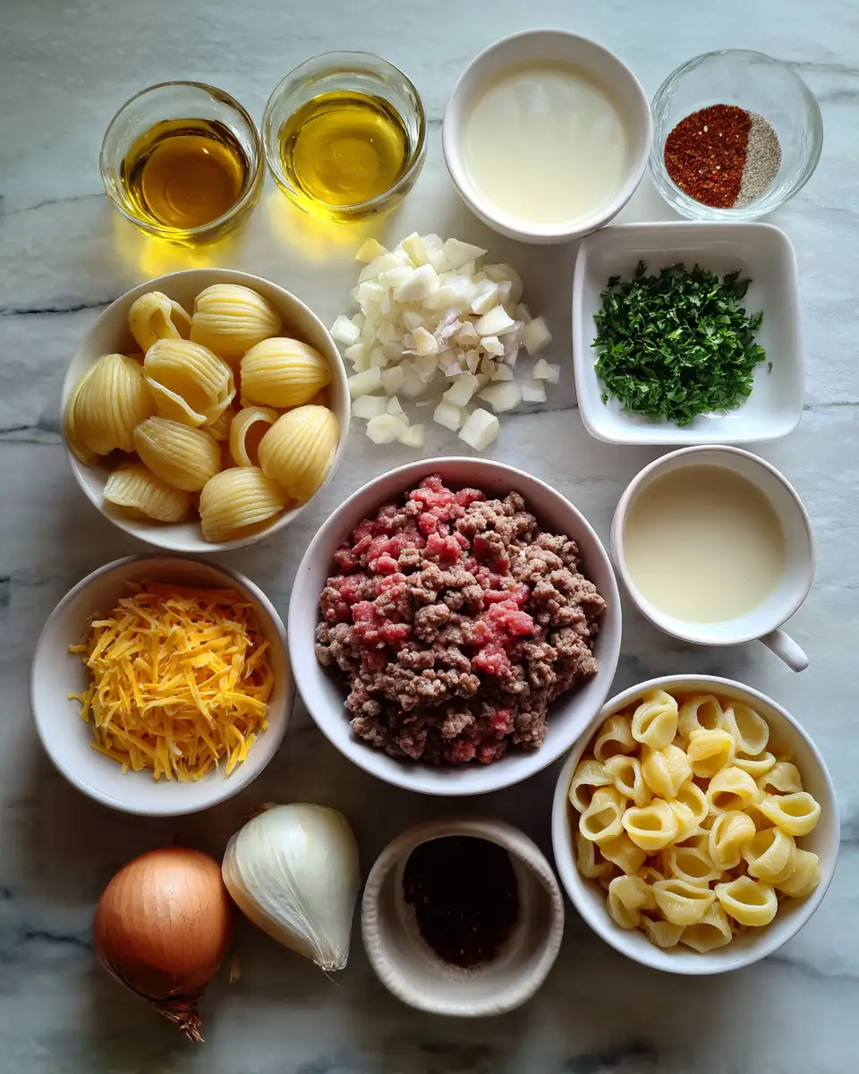 Ingredients for One-Pot Creamy Beef and Shells Dinner Delight